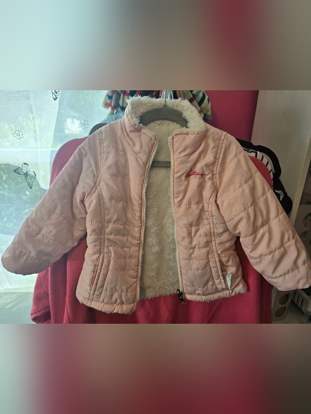 Light Pink Reversible Girls' Puffer Jacket with Faux Fur Flipable Side